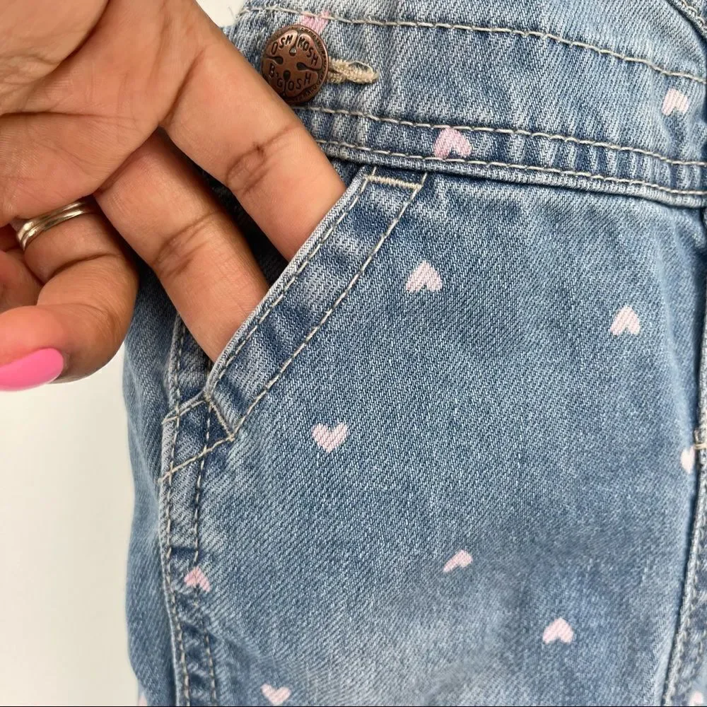OshKosh B’gosh Baby Girl’s Vestbak Pink Hearts Denim Overalls Size 9M